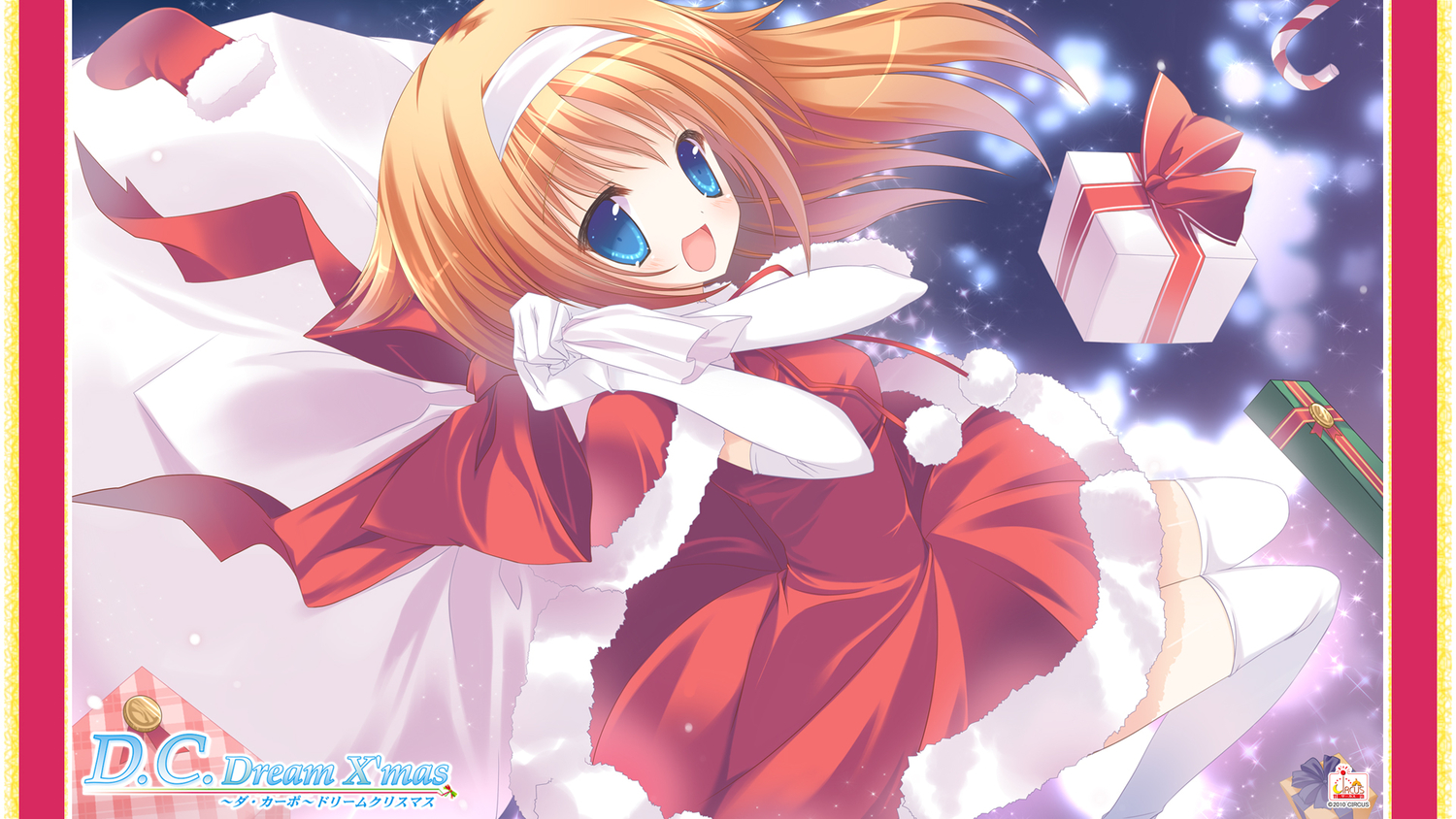 amakase_miharu, blue_eyes, brown_hair, christmas, da_capo_dream_x'mas, elbow_gloves, gloves, headband, p19, santa_costume, thighhighs