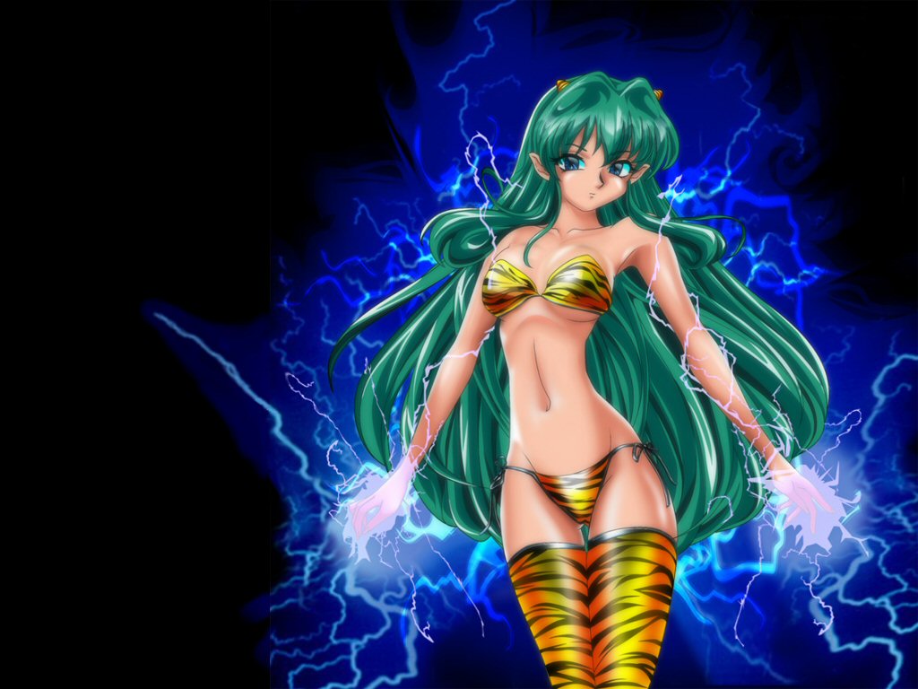 bikini, black, blue_eyes, demon, green_hair, long_hair, lum, pointed_ears