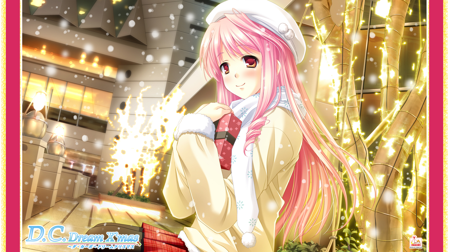 ayakaze_ryuushou, christmas, da_capo_dream_x'mas, hanasaki_akane, hat, long_hair, pantyhose, pink_hair, red_eyes, skirt, snow
