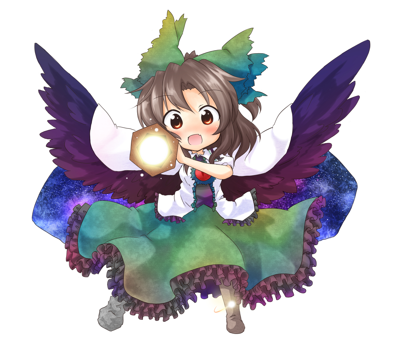 boots, bow, brown_eyes, brown_hair, cape, ponytail, reiuji_utsuho, tobi_(nekomata_homara), touhou, weapon, wings
