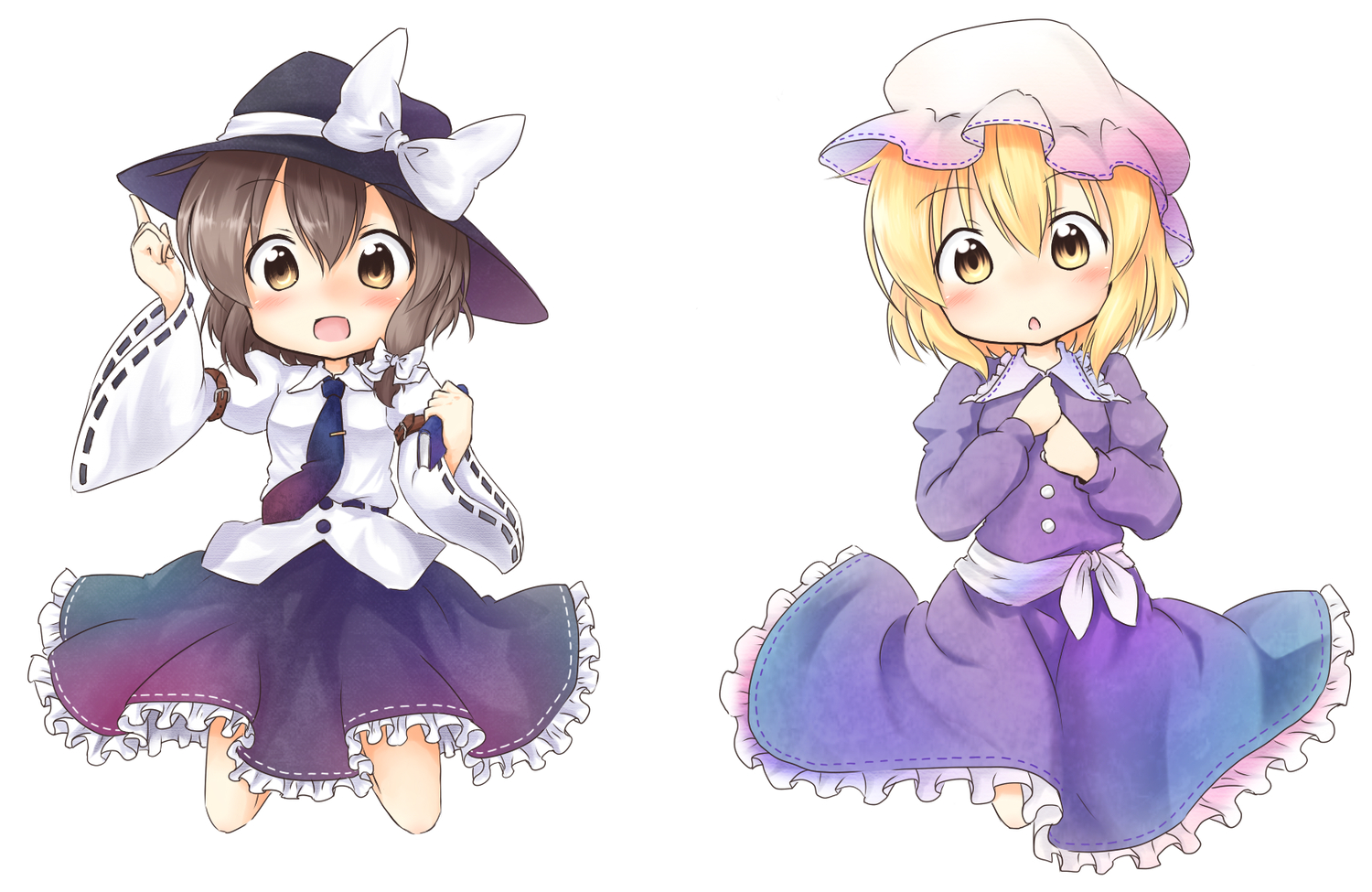 2girls, blonde_hair, bow, brown_eyes, brown_hair, chibi, hat, maribel_han, short_hair, tie, tobi_(nekomata_homara), touhou, usami_renko, yellow_eyes