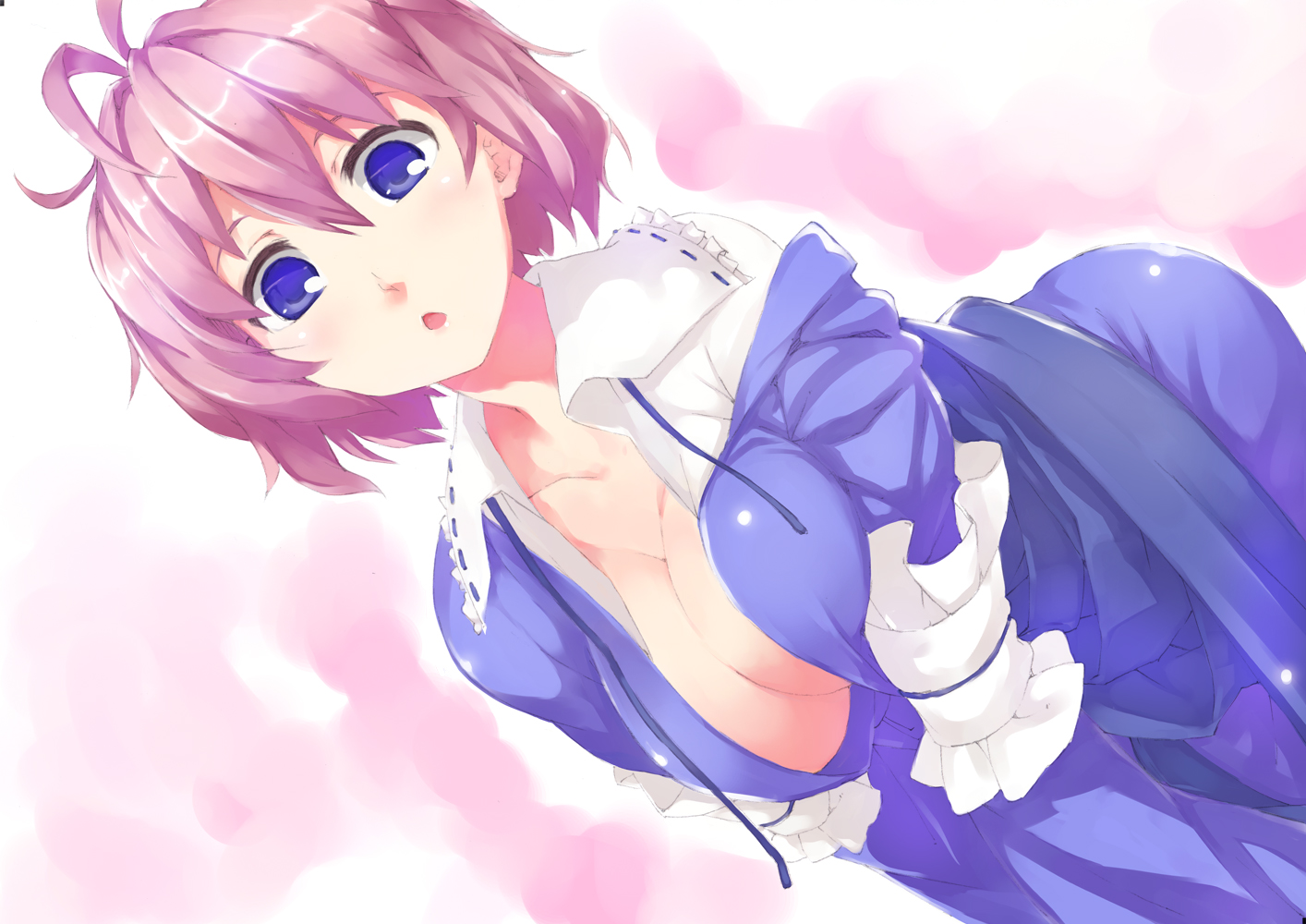 blue_eyes, breasts, cleavage, open_shirt, pink_hair, pino_(birthdayparty), saigyouji_yuyuko, touhou
