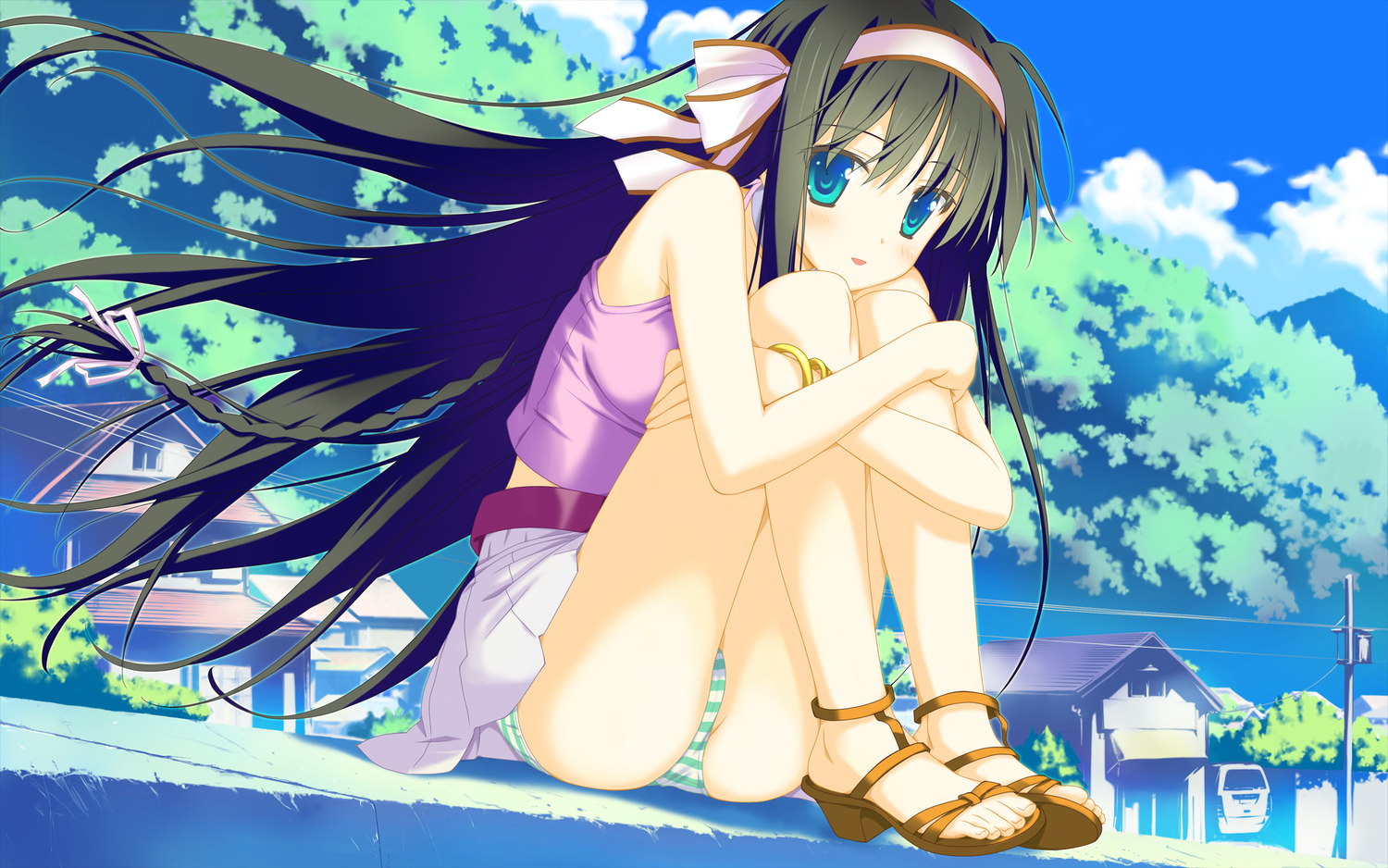 aqua_eyes, black_hair, bow, clouds, favorite, game_cg, headband, irotoridori_no_sekai