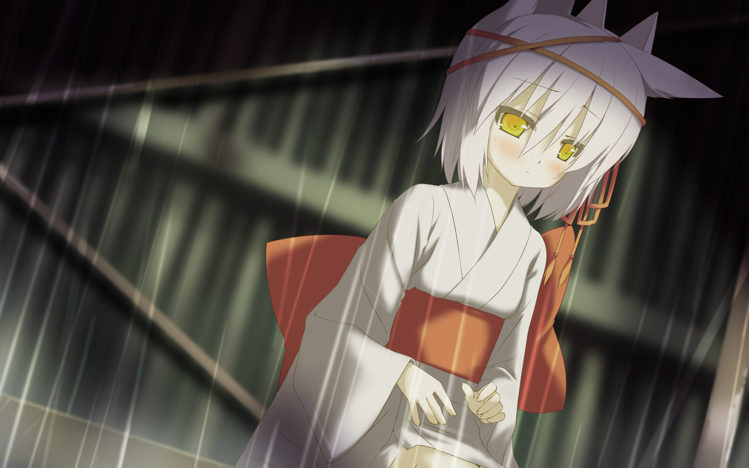 animal_ears, dark, favorite, foxgirl, game_cg, irotoridori_no_sekai, japanese_clothes, natsume_eri, rain, ren_(irotoridori_no_sekai), short_hair, water, white_hair, yellow_eyes