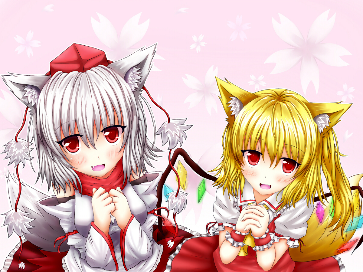 animal_ears, flandre_scarlet, inubashiri_momiji, japanese_clothes, oohirakeisuke, red_eyes, tail, touhou, vampire, wolfgirl