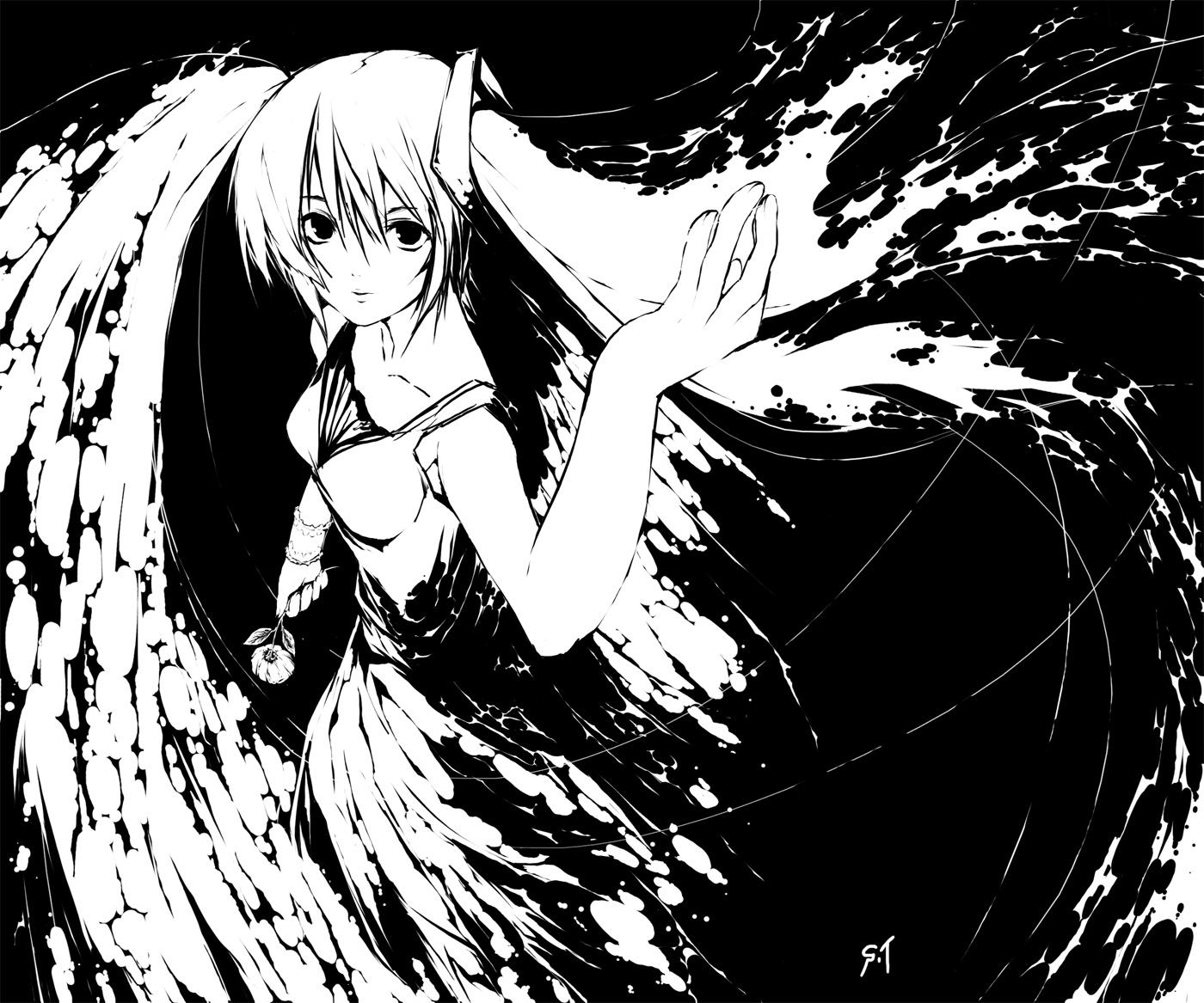 dress, flowers, hatsune_miku, long_hair, monochrome, takesinobu, twintails, vocaloid