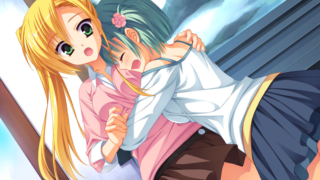 2girls, blonde_hair, game_cg, green_eyes, green_hair, hug, kanemoto_akari, kobuichi