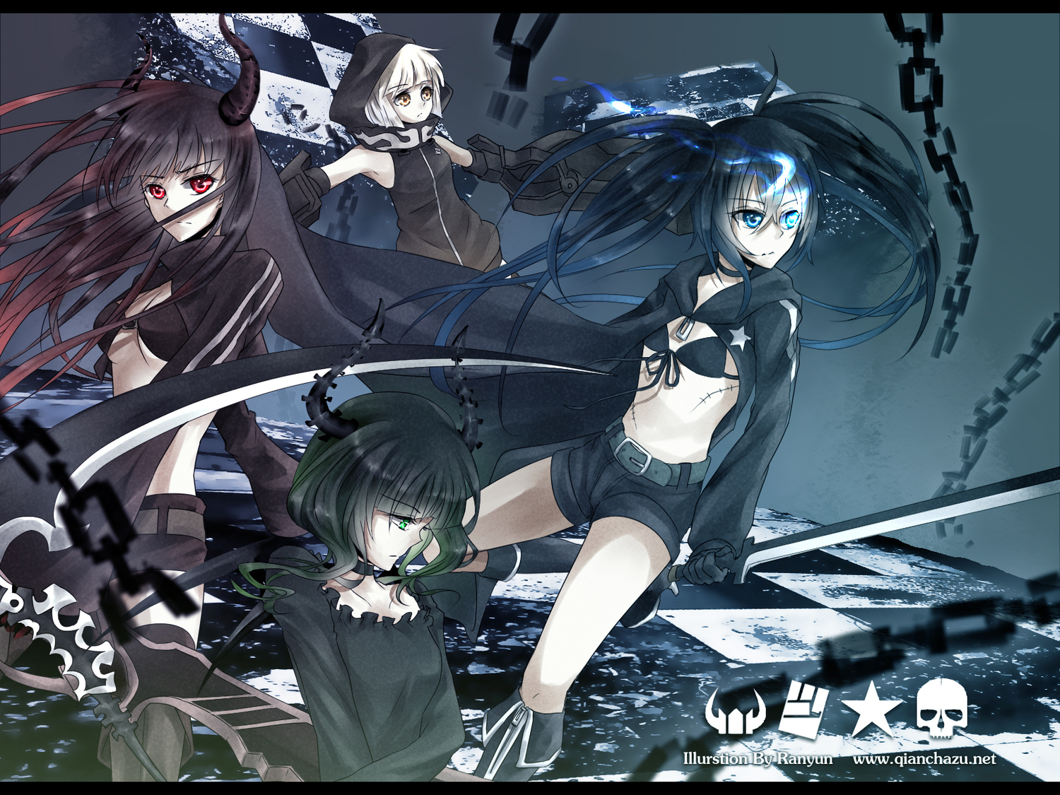 black_rock_shooter, hood, irino_saya, koutari_yuu, kuroi_mato, ranyun, takanashi_yomi