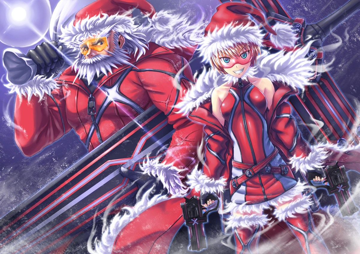 blue_eyes, christmas, gloves, gun, hat, orange_hair, original, santa_claus