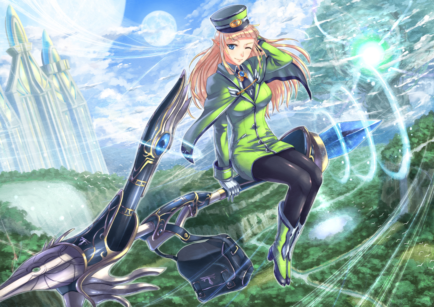 blonde_hair, blue_eyes, gloves, hat, long_hair, magic, moon, original