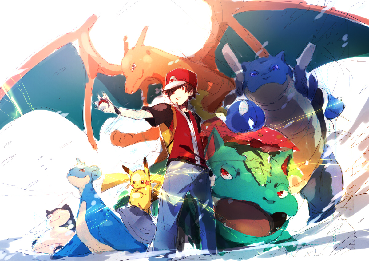 blastoise, brown_hair, charizard, hat, lapras, pikachu, pokemon, red_(pokemon)