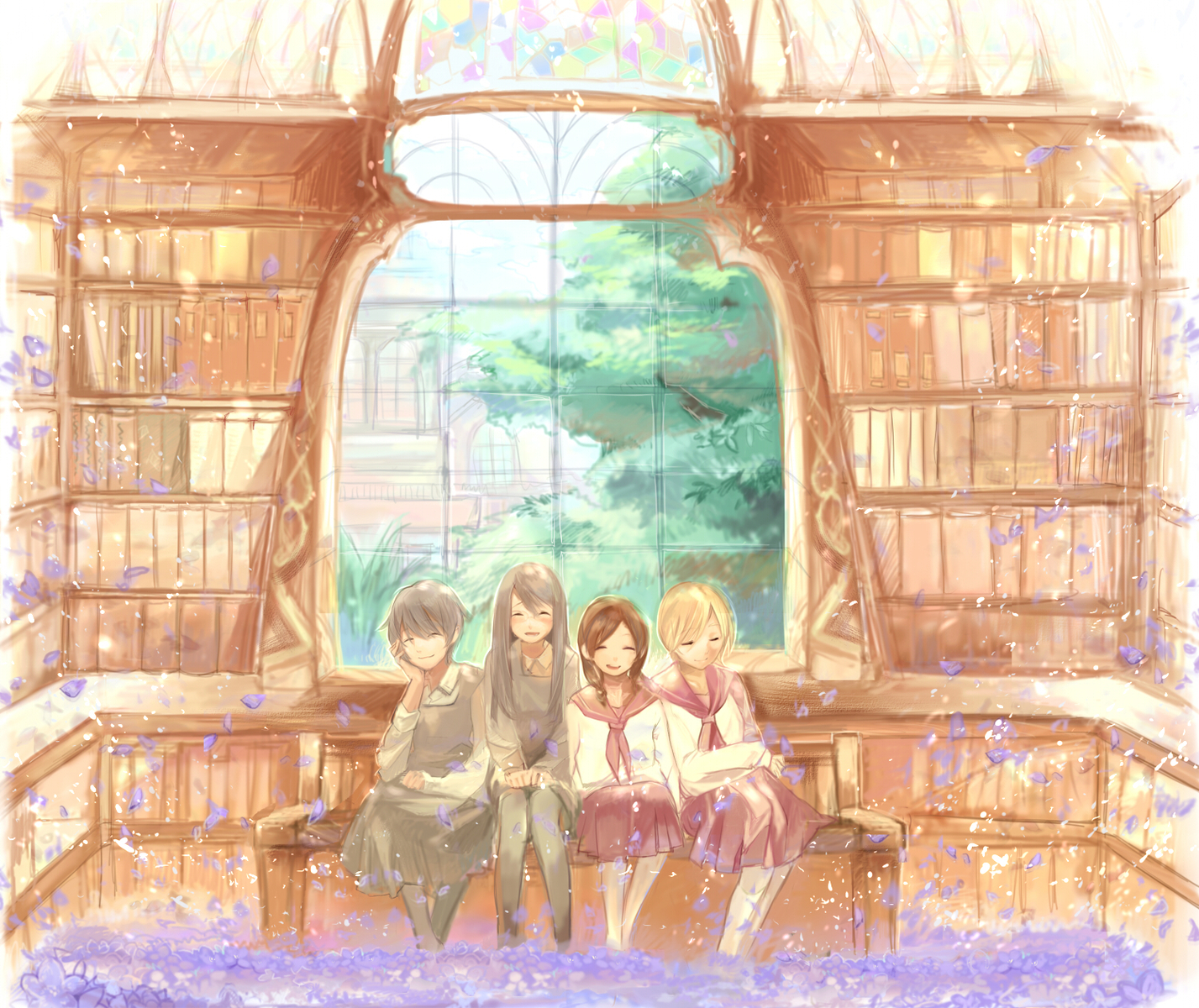 aoi_hana, blonde_hair, blush, book, braids, brown_hair, ikumi_kyouko, long_hair, manjoume_fumi, okudaira_akira, school_uniform, short_hair, sugimoto_yasuko, ume_(plumblossom)