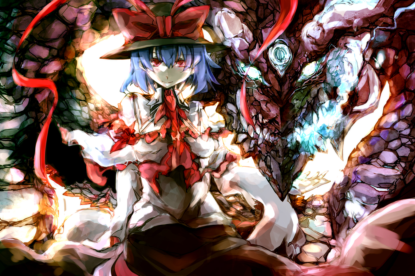 beru, blue_hair, dragon, hat, nagae_iku, red_eyes, ribbons, short_hair