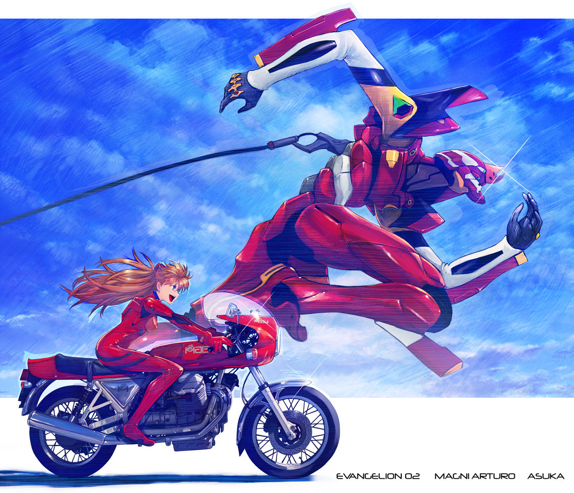 blue_eyes, bodysuit, boyaking, brown_hair, long_hair, mecha, motorcycle, neon_genesis_evangelion
