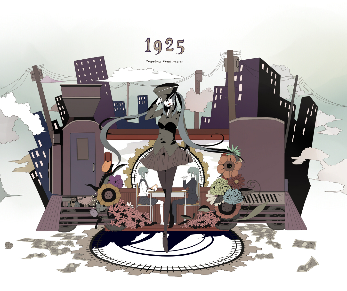 1925_(vocaloid), black_eyes, blue_hair, braids, building, chiho_(buchiko), clouds, flowers