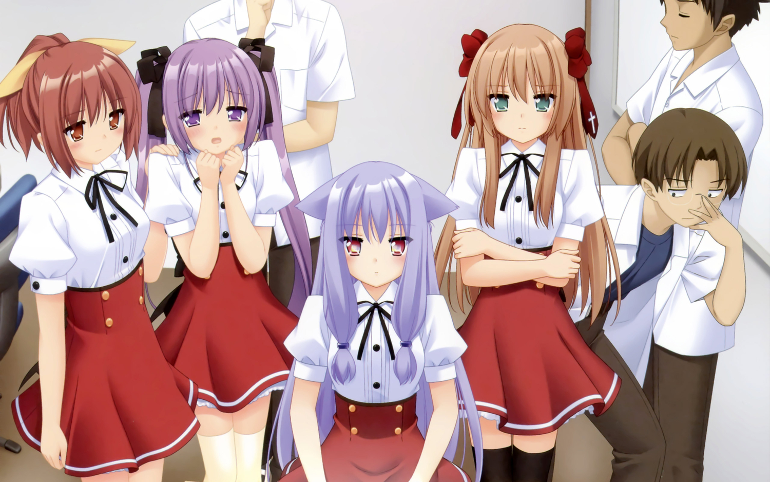 animal_ears, aqua_eyes, blush, brown_eyes, brown_hair, catgirl, glasses, kani_biimu