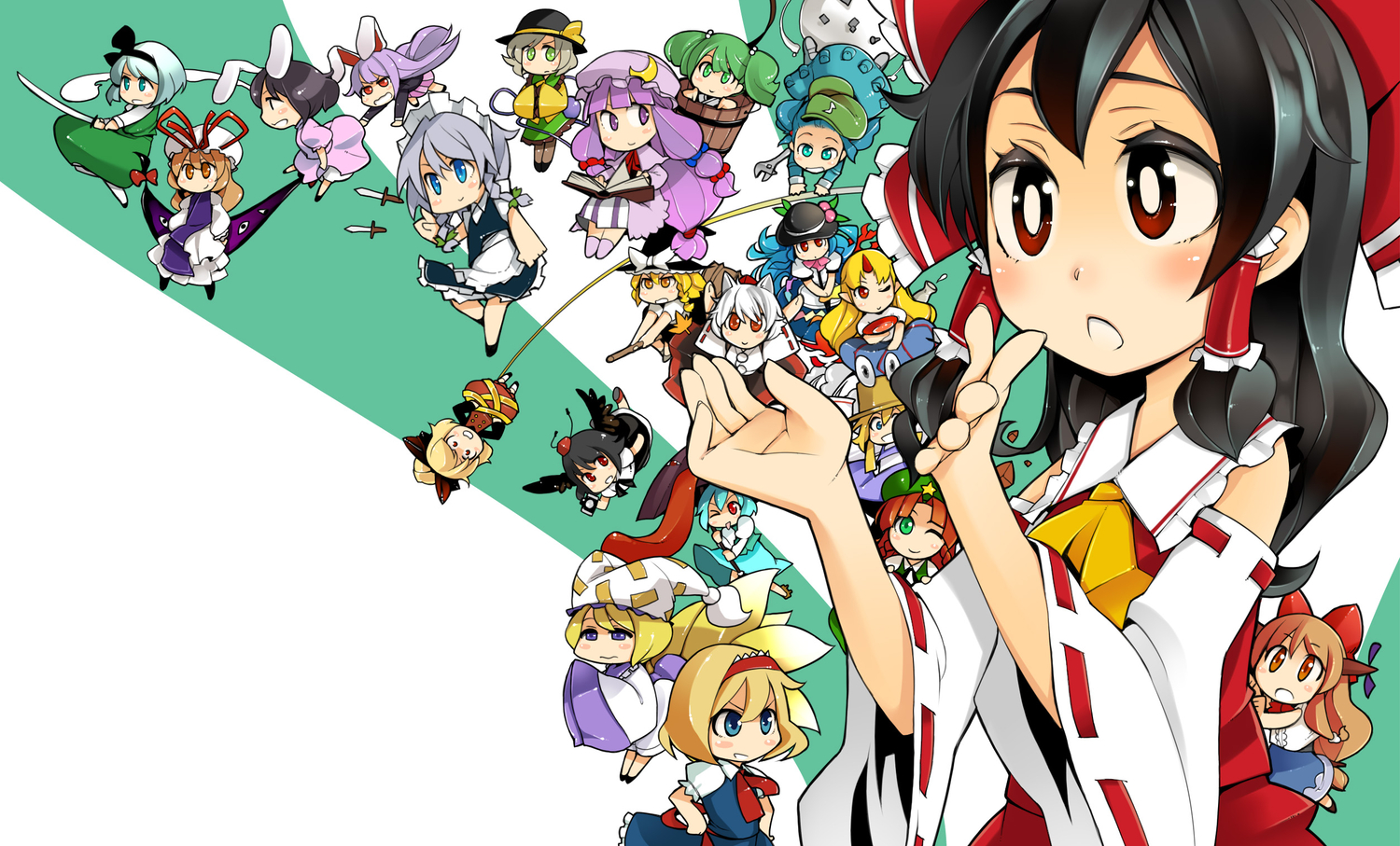 alice_margatroid, animal_ears, bunny_ears, bunnygirl, chibi, foxgirl, hakurei_reimu, hinanawi_tenshi, hong_meiling, hoshiguma_yuugi, ibuki_suika, inaba_tewi, inubashiri_momiji, izayoi_sakuya, japanese_clothes, kawashiro_nitori, kirisame_marisa, kisume, komeiji_koishi, kurodani_yamame, maid, miko, moriya_suwako, patchouli_knowledge, reisen_udongein_inaba, shameimaru_aya, tatara_kogasa, topo_bevitore, touhou, witch, wolfgirl, yakumo_ran, yakumo_yukari