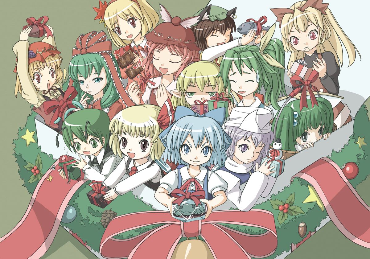 aki_minoriko, aki_shizuha, animal_ears, catgirl, chen, christmas, cirno, daiyousei