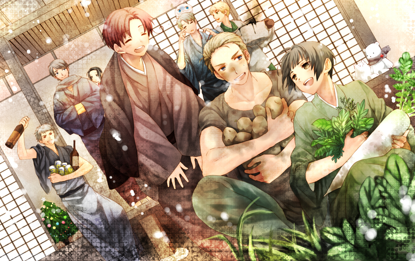 all_male, america_(hetalia), animal, anthropomorphism, axis_powers_hetalia, cat, china_(hetalia), christmas