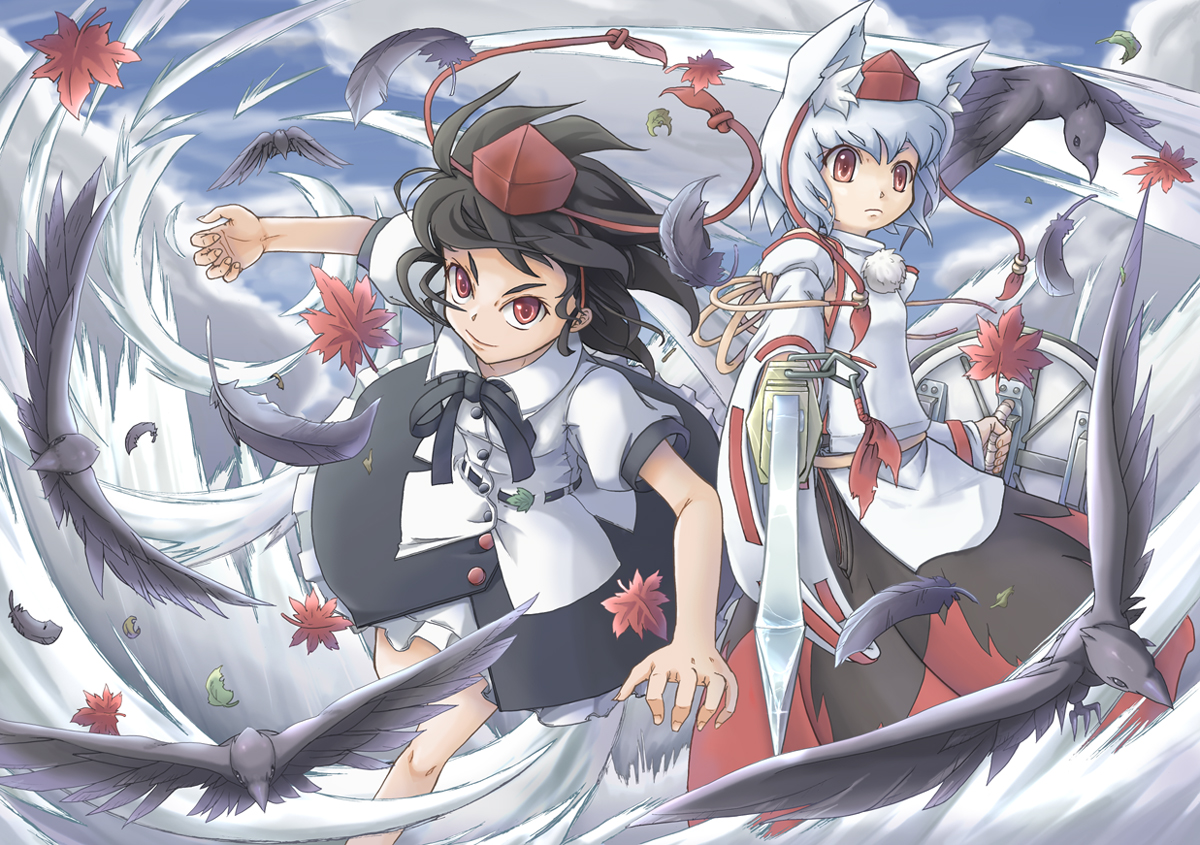 2girls, animal, animal_ears, bird, black_hair, feathers, hat, inubashiri_momiji