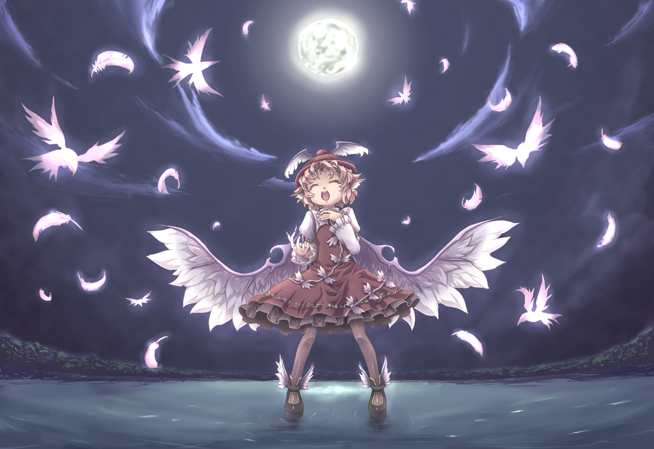 animal, animal_ears, bird, clouds, feathers, hat, marujin, moon, mystia_lorelei, night, pantyhose, touhou, water, wings