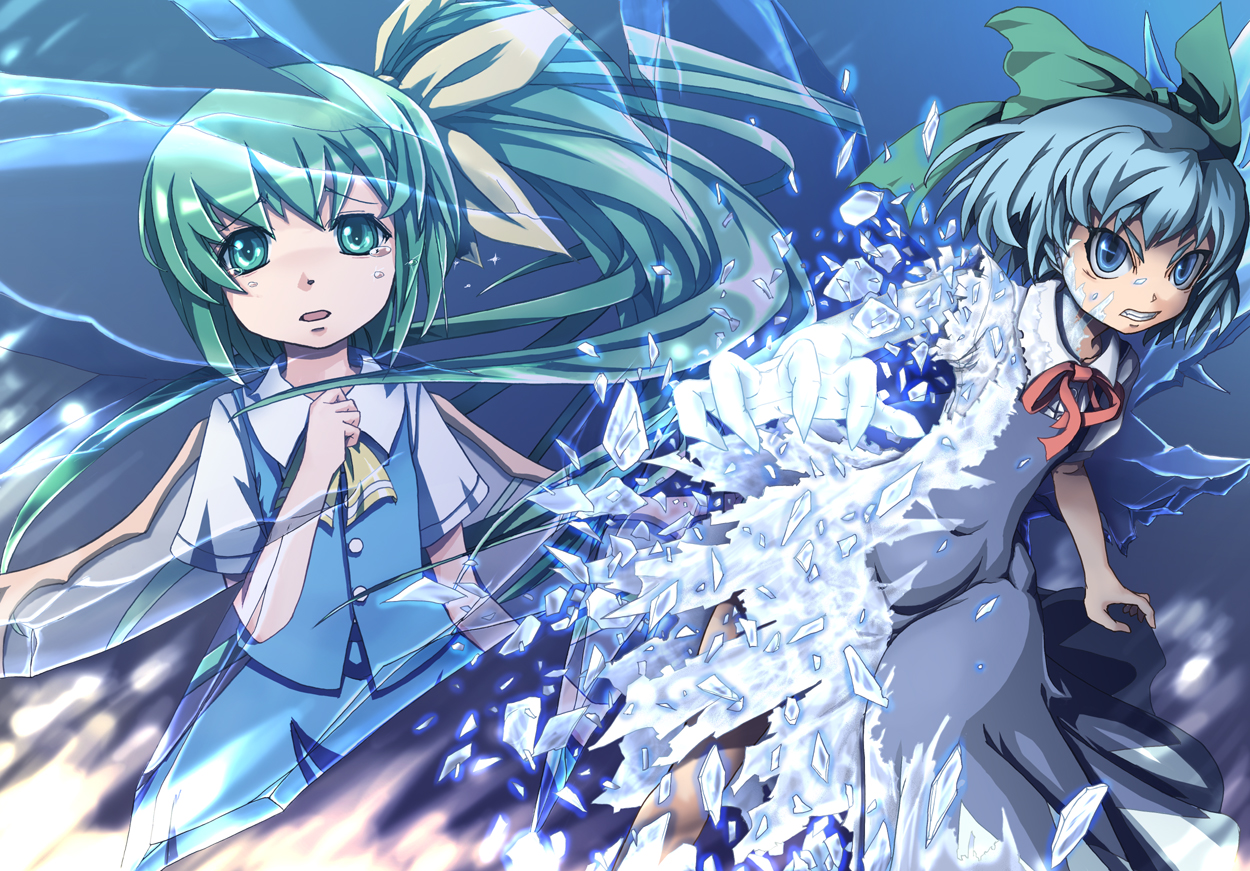 2girls, blue_eyes, blue_hair, bow, cirno, daiyousei, fairy, green_eyes