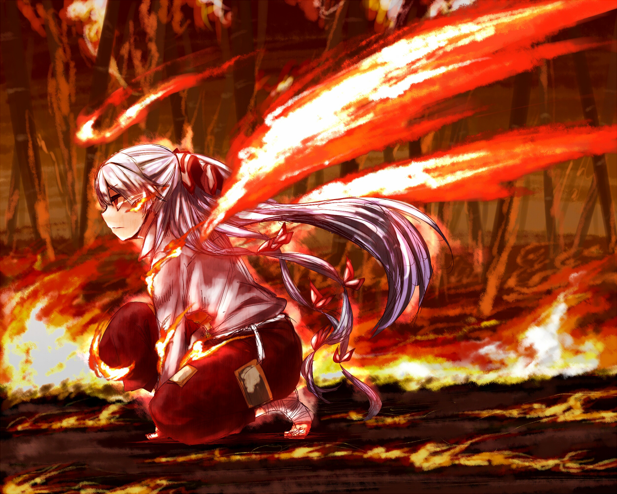fire, forest, fujiwara_no_mokou, gray_hair, long_hair, madara_hato, red_eyes, touhou, tree, wings