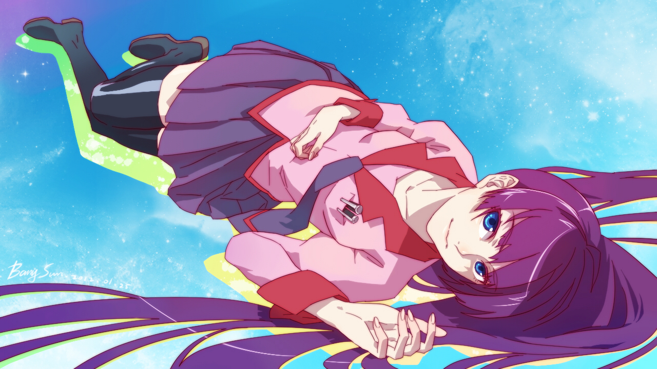 bakemonogatari, banysun, blue_eyes, long_hair, monogatari_(series), purple_hair, school_uniform, senjougahara_hitagi, thighhighs