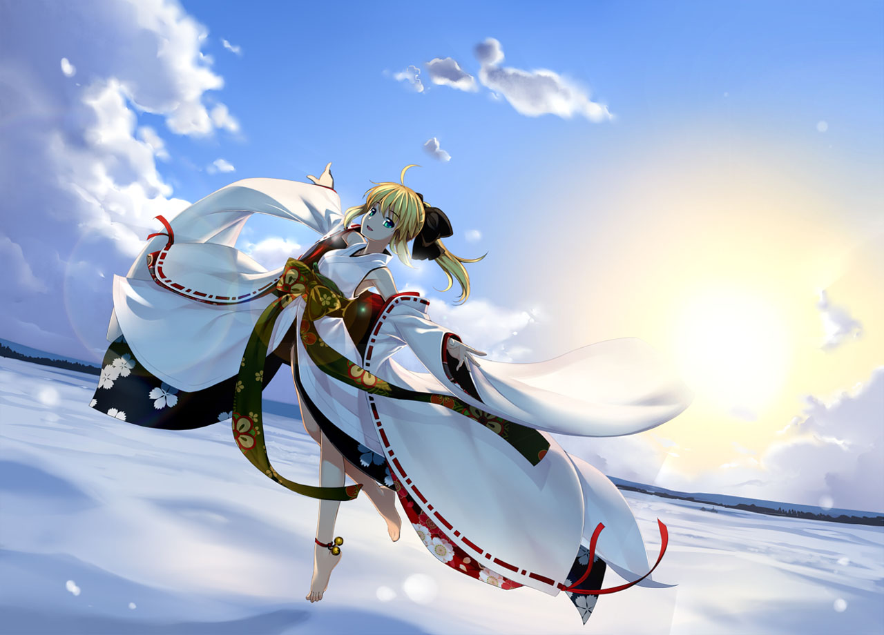 artoria_pendragon_(all), barefoot, blonde_hair, clouds, fate_(series), fate/stay_night, green_eyes, japanese_clothes, namonashi, saber, snow