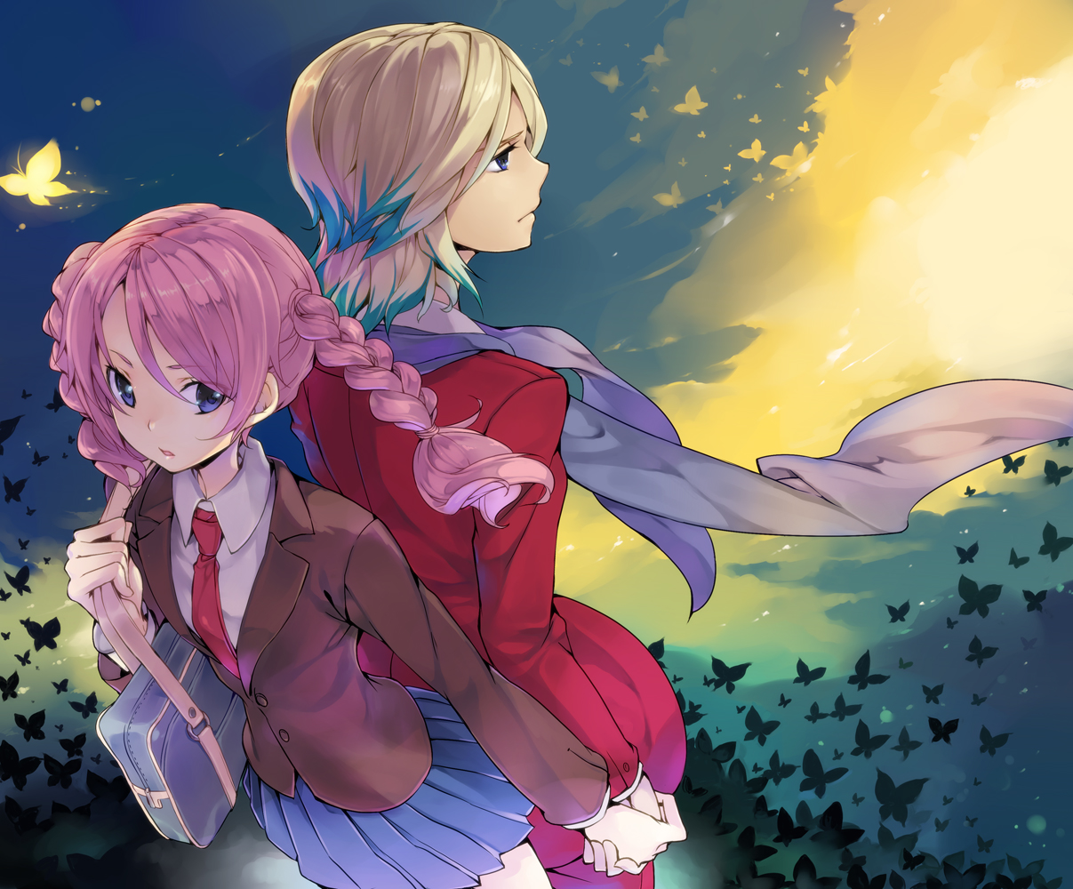 braids, butterfly, chiko_(mizuho), gouenji_shuuya, gouenji_yuuka, inazuma_eleven_go, pink_hair, school_uniform, tie