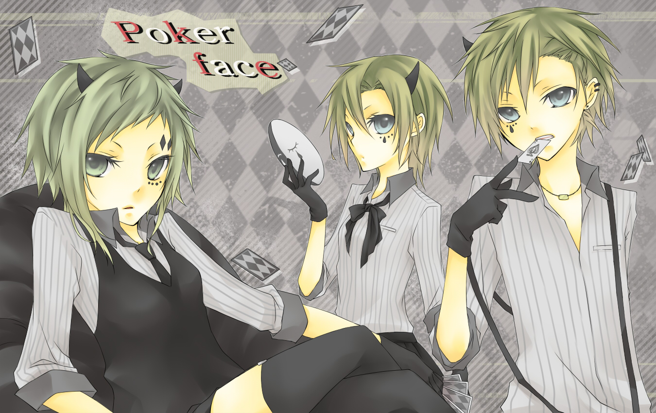 blonde_hair, blue_eyes, bow, gloves, green_eyes, green_hair, gumi, horns