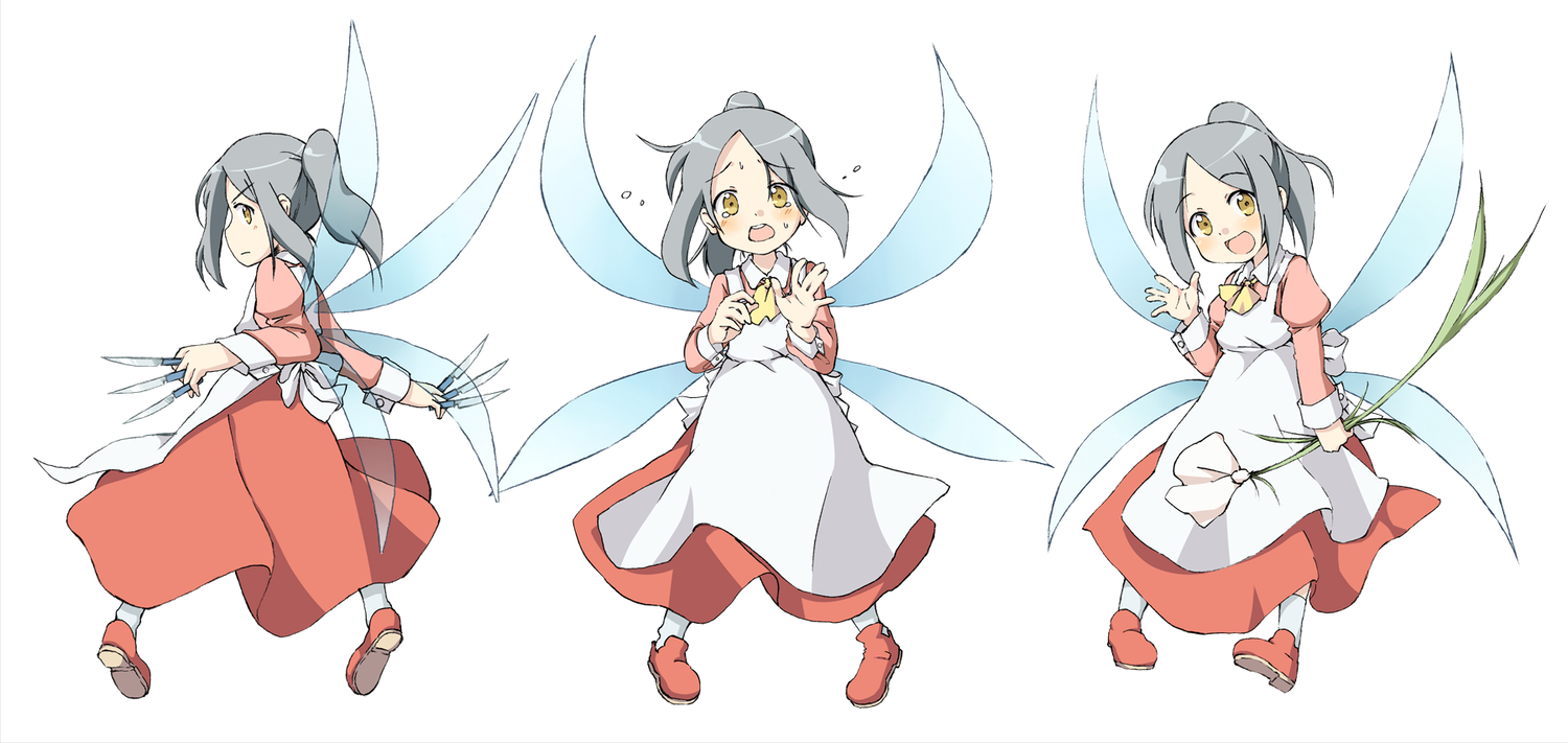 apron, blush, brown_eyes, flowers, gray_hair, knife, maid, ponytail, tears, touhou, wings, yasunao
