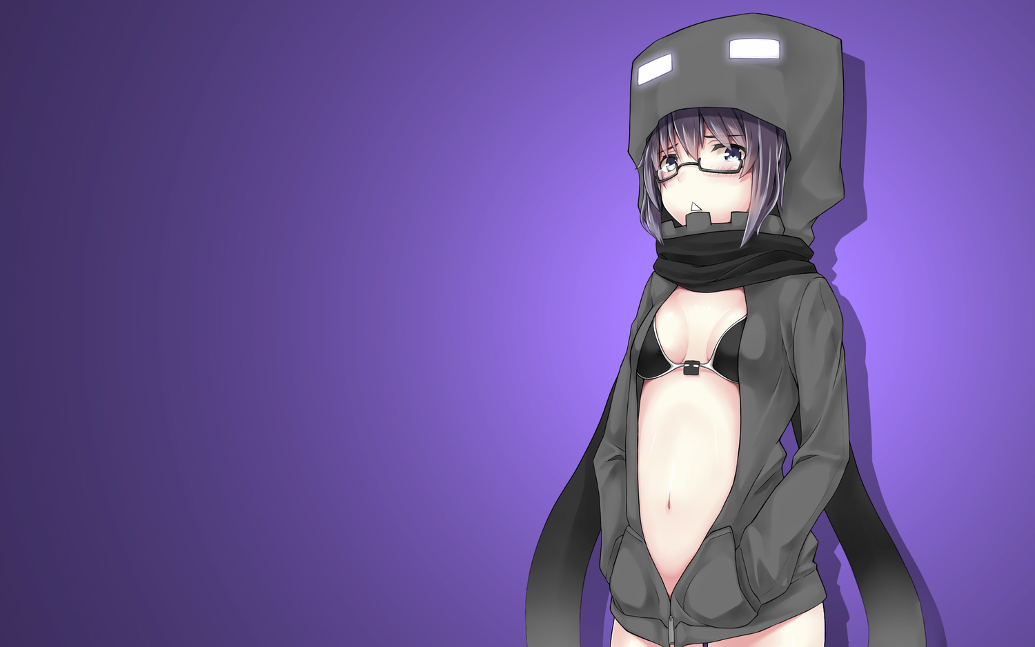 anthropomorphism, blush, enderman, glasses, gradient, hood, minecraft, purple, purple_eyes, purple_hair, scarf, third-party_edit, uyu_(keyakinoki)