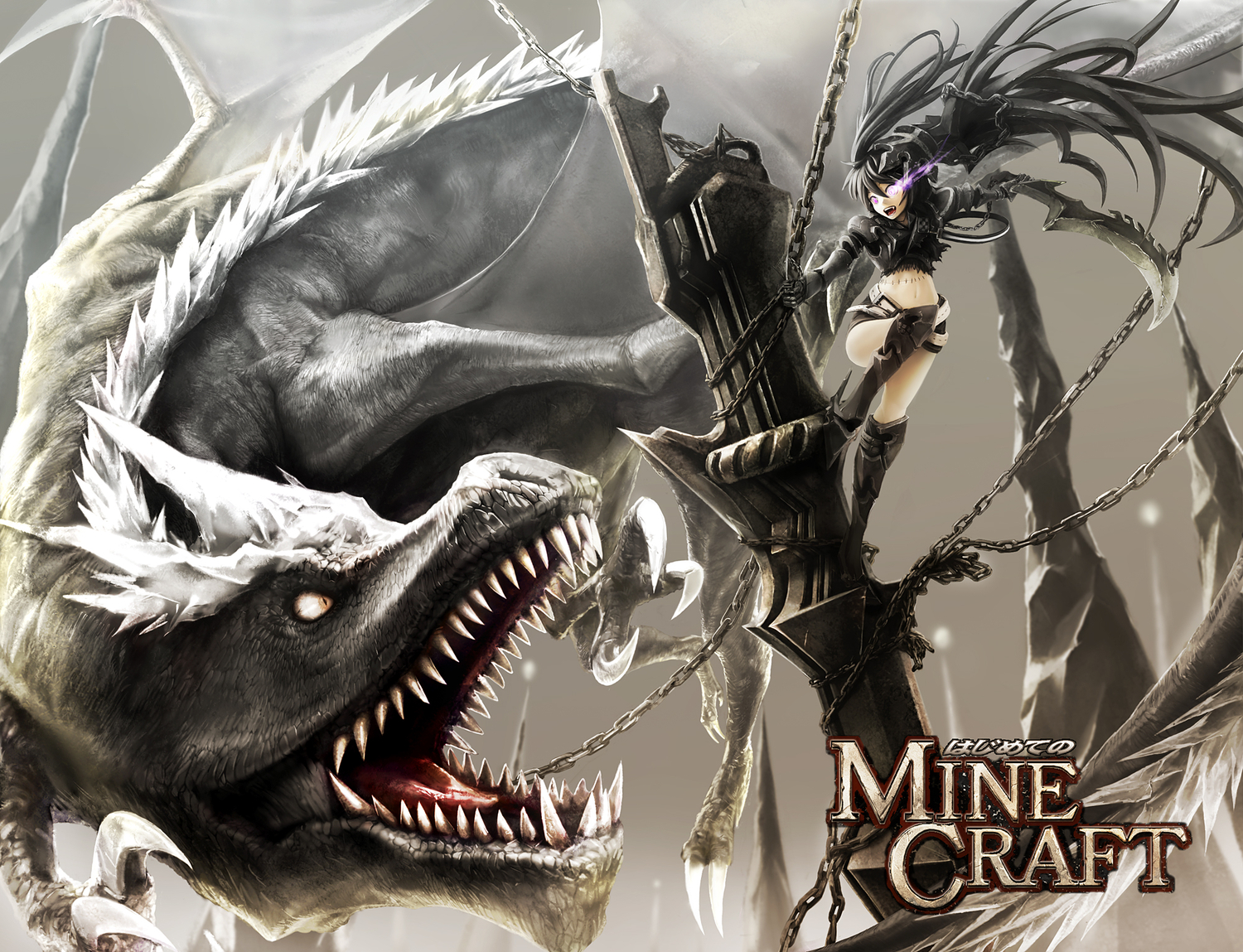 armor, black_hair, black_rock_shooter, chain, crossover, dragon, ender_dragon, fang, insane_black_rock_shooter, long_hair, minecraft, navel, nekoita, purple_eyes, scar, sword, weapon