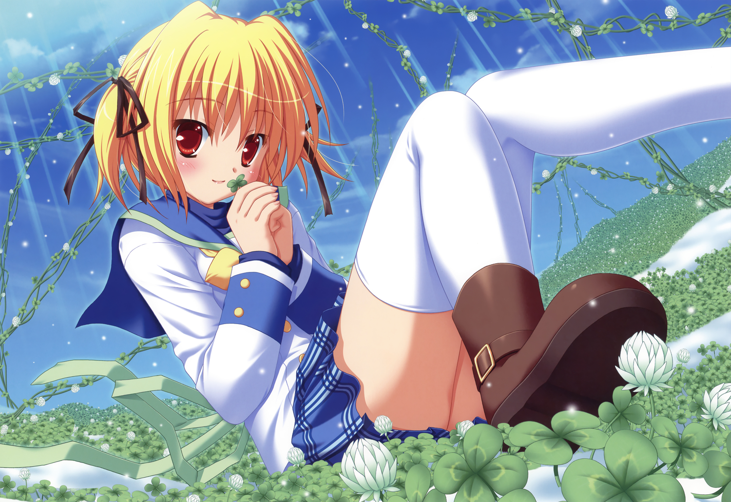 blonde_hair, clover_point, flowers, red_eyes, school_uniform, takanashi_yaya, thighhighs, yuyi