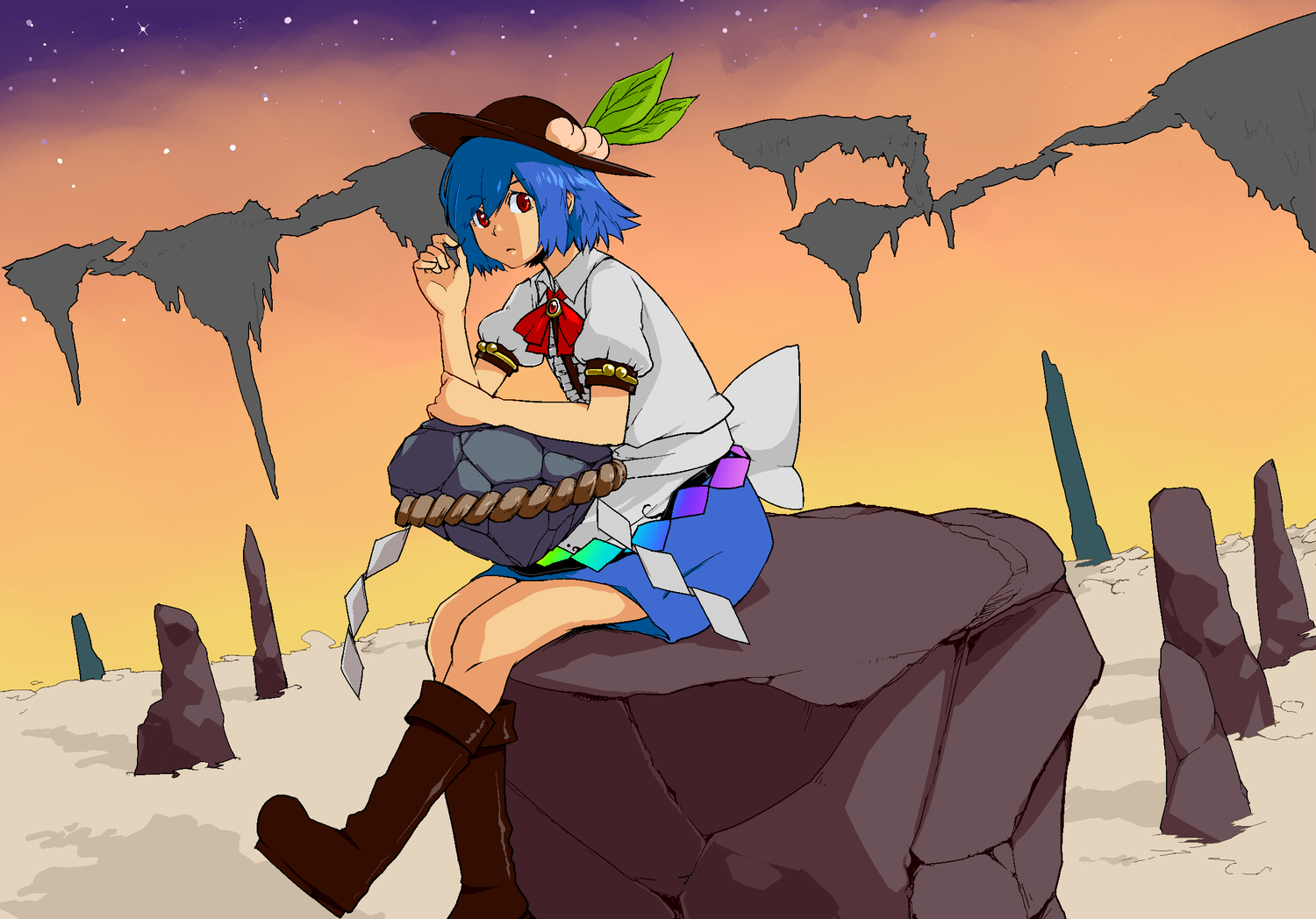 blue_hair, boots, food, hat, hinanawi_tenshi, red_eyes, short_hair, touhou