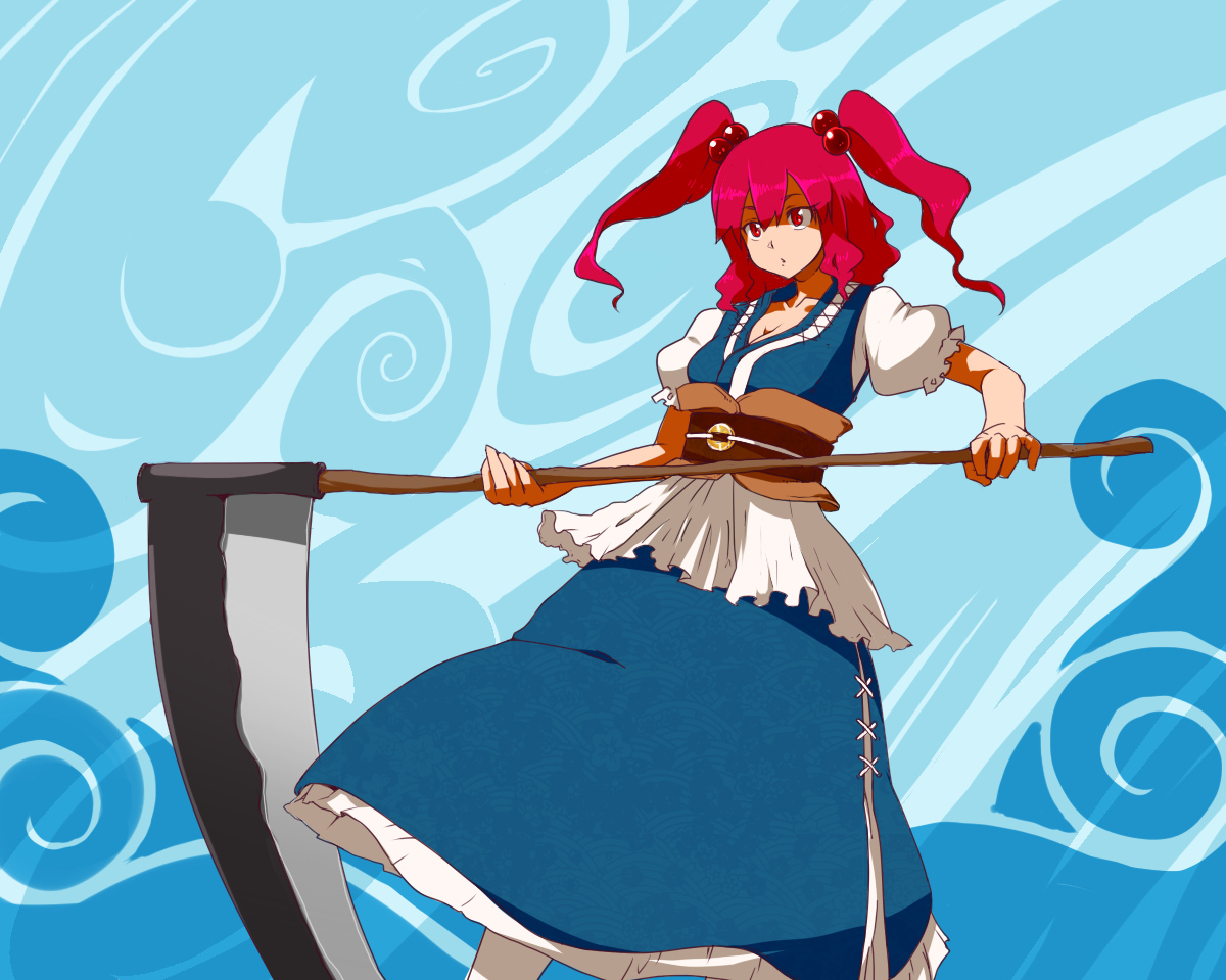 onozuka_komachi, pink_hair, red_eyes, scythe, touhou, twintails, weapon, yokohachi