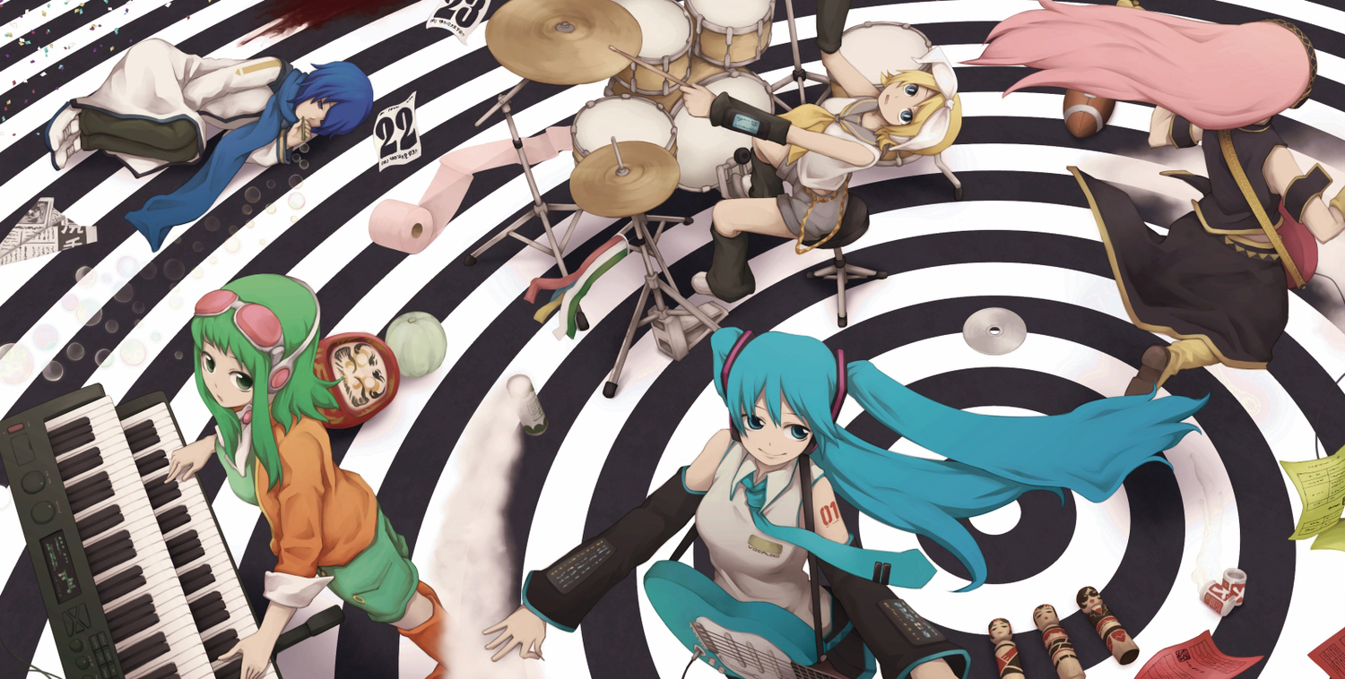 bubbles, drums, group, guitar, gumi, hatsune_miku, instrument, kagamine_rin