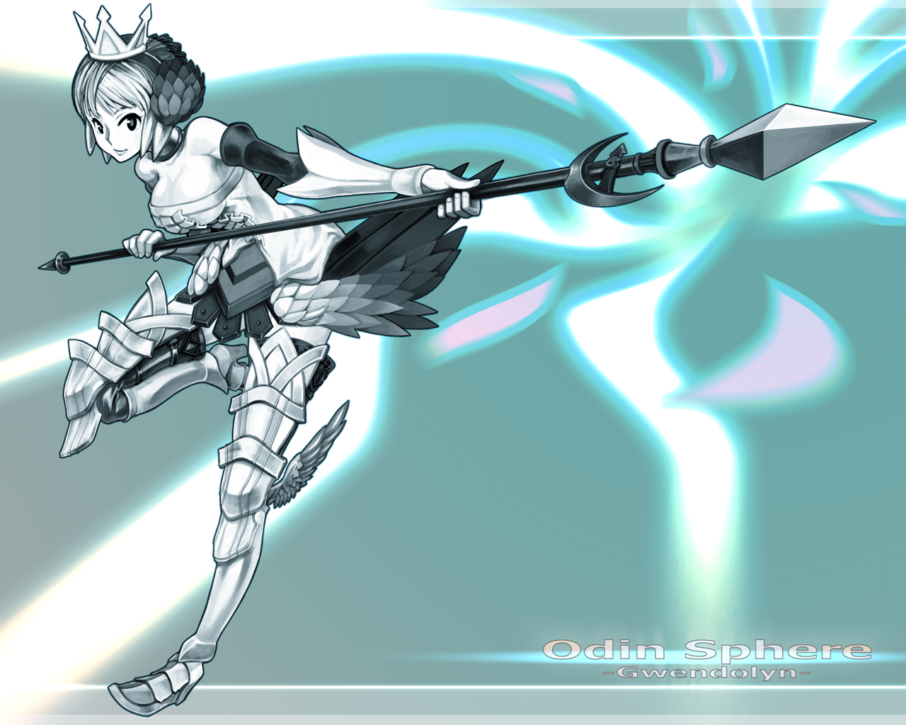 armor, boots, braids, breasts, choker, cleavage, crown, elbow_gloves, gloves, gwendolyn, moxi, odin_sphere, spear, thighhighs, weapon, wings