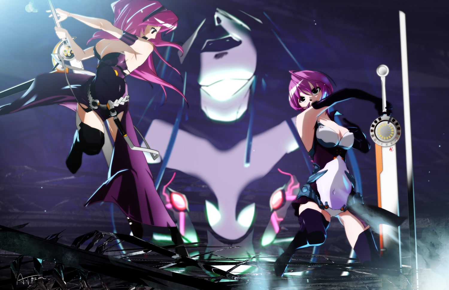 boots, breasts, cleavage, long_hair, megurine_luka, pink_hair, short_hair, sword, tso_(anarchylily), vocaloid, weapon
