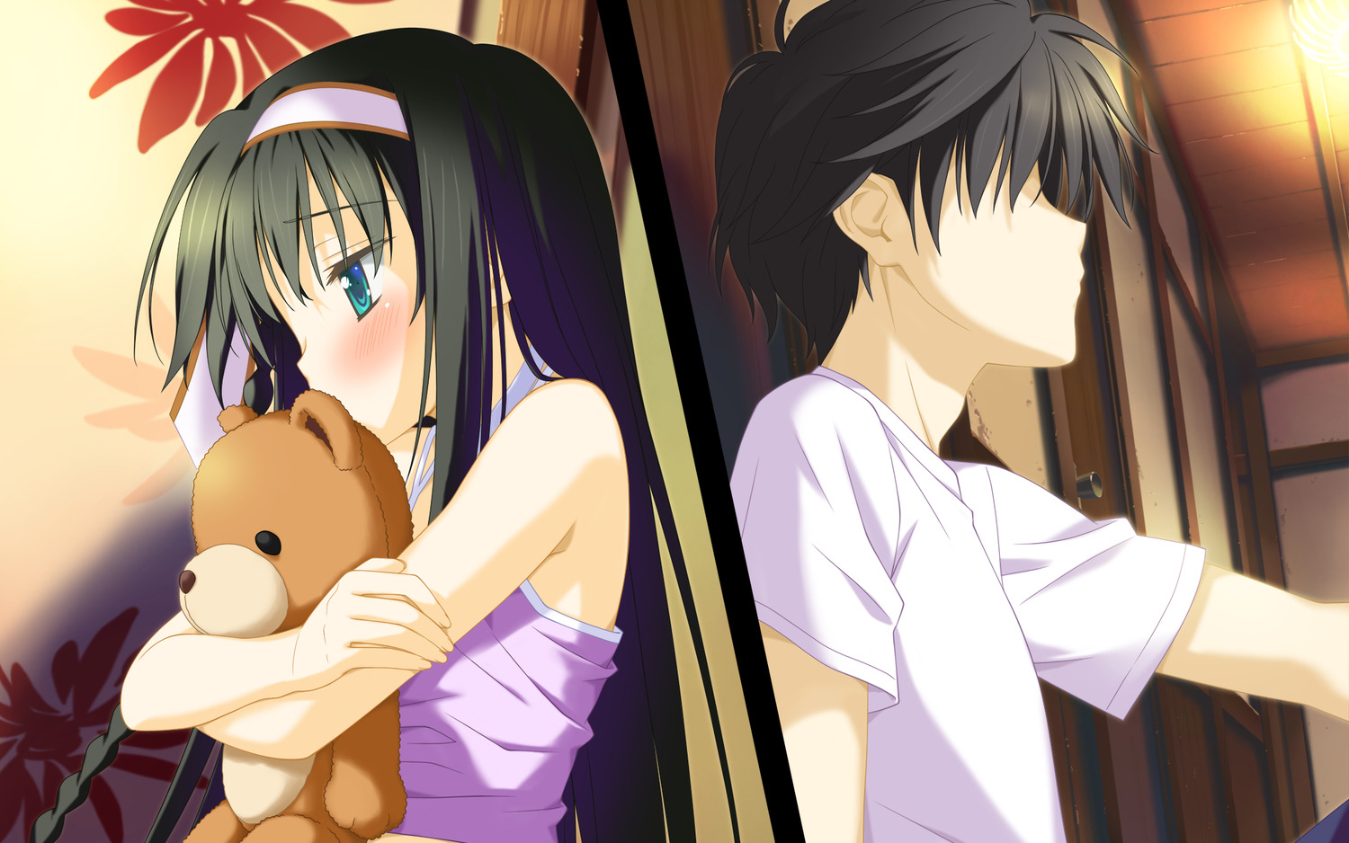 black_hair, blue_eyes, blush, favorite, game_cg, headband, hug, irotoridori_no_sekai