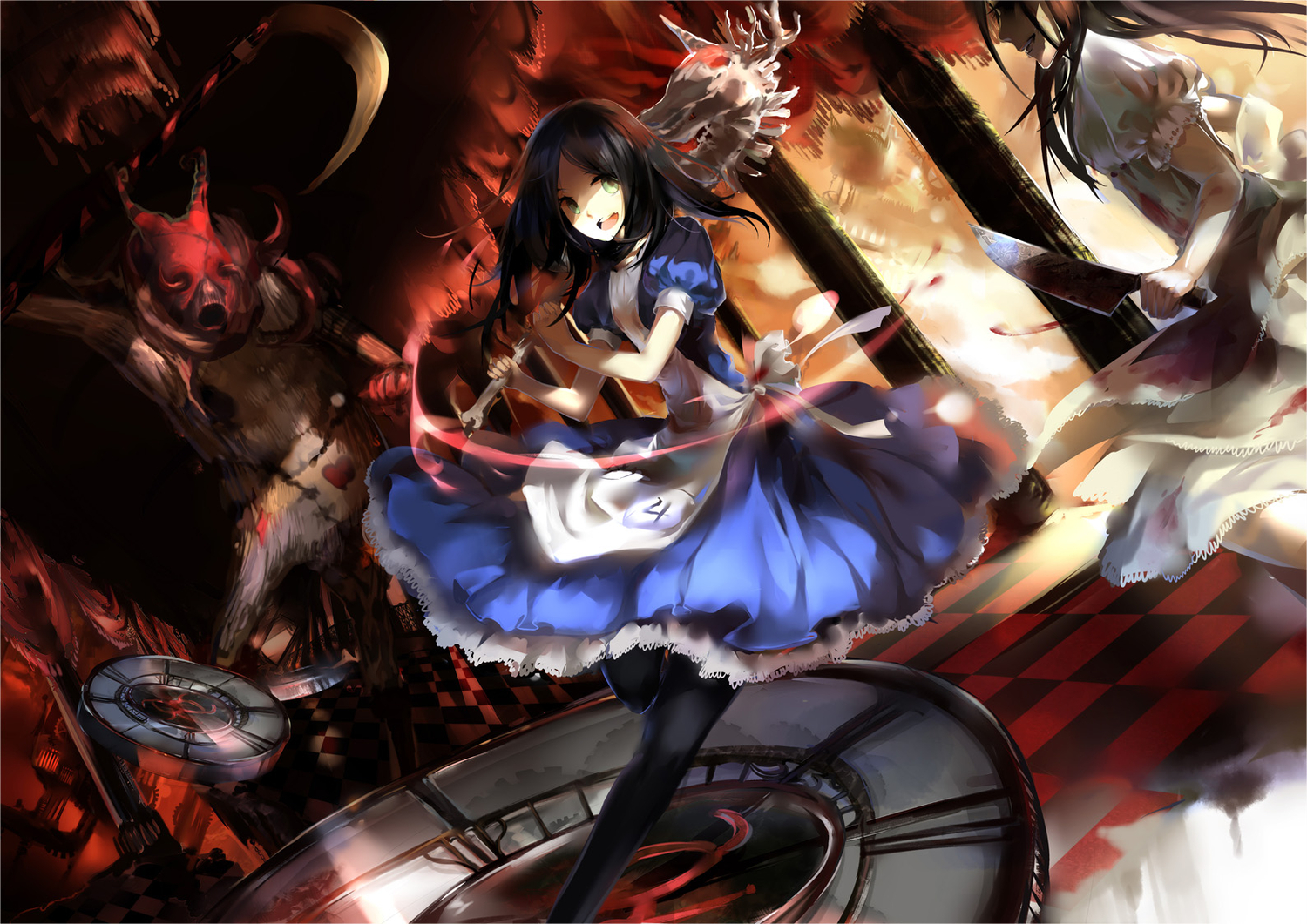 2girls, alice_in_wonderland, alice_(wonderland), black_hair, blood, demon, dress, green_eyes, h2so4kancel, knife, long_hair, pantyhose, scythe, weapon