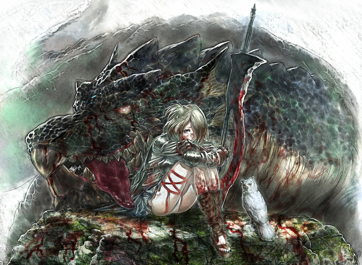 animal, bird, black_eyes, blonde_hair, blood, diolemonde, dragon, gloves, original, panties, pixiv_fantasia, short_hair, sword, underwear, weapon