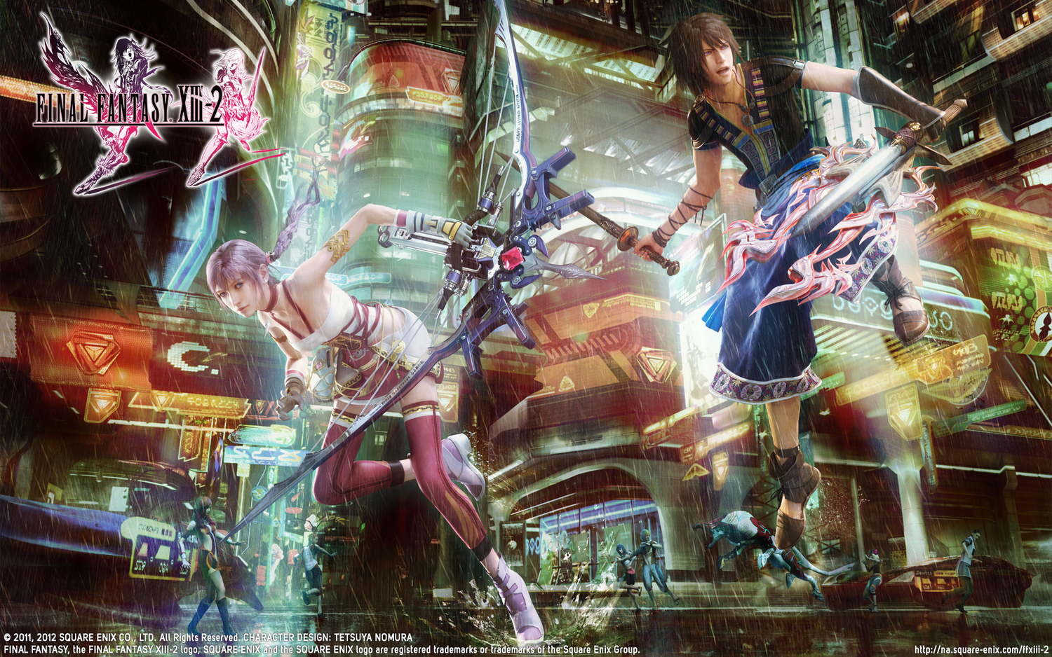bow, final_fantasy, final_fantasy_xiii, final_fantasy_xiii-2, noel_kreiss, serah_farron, sword, thighhighs