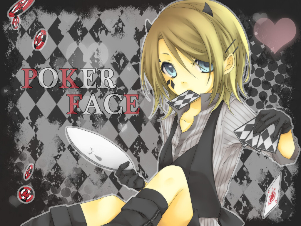 blonde_hair, blue_eyes, gloves, heart, horns, kagamine_rin, kuroi_(liar-player), mask, poker_face_(vocaloid), short_hair, vocaloid