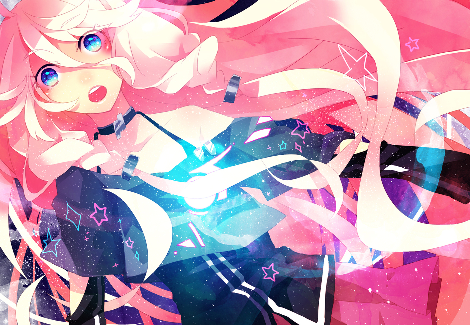 blonde_hair, blue_eyes, braids, ia, long_hair, pink_hair, saine_(artist), skirt