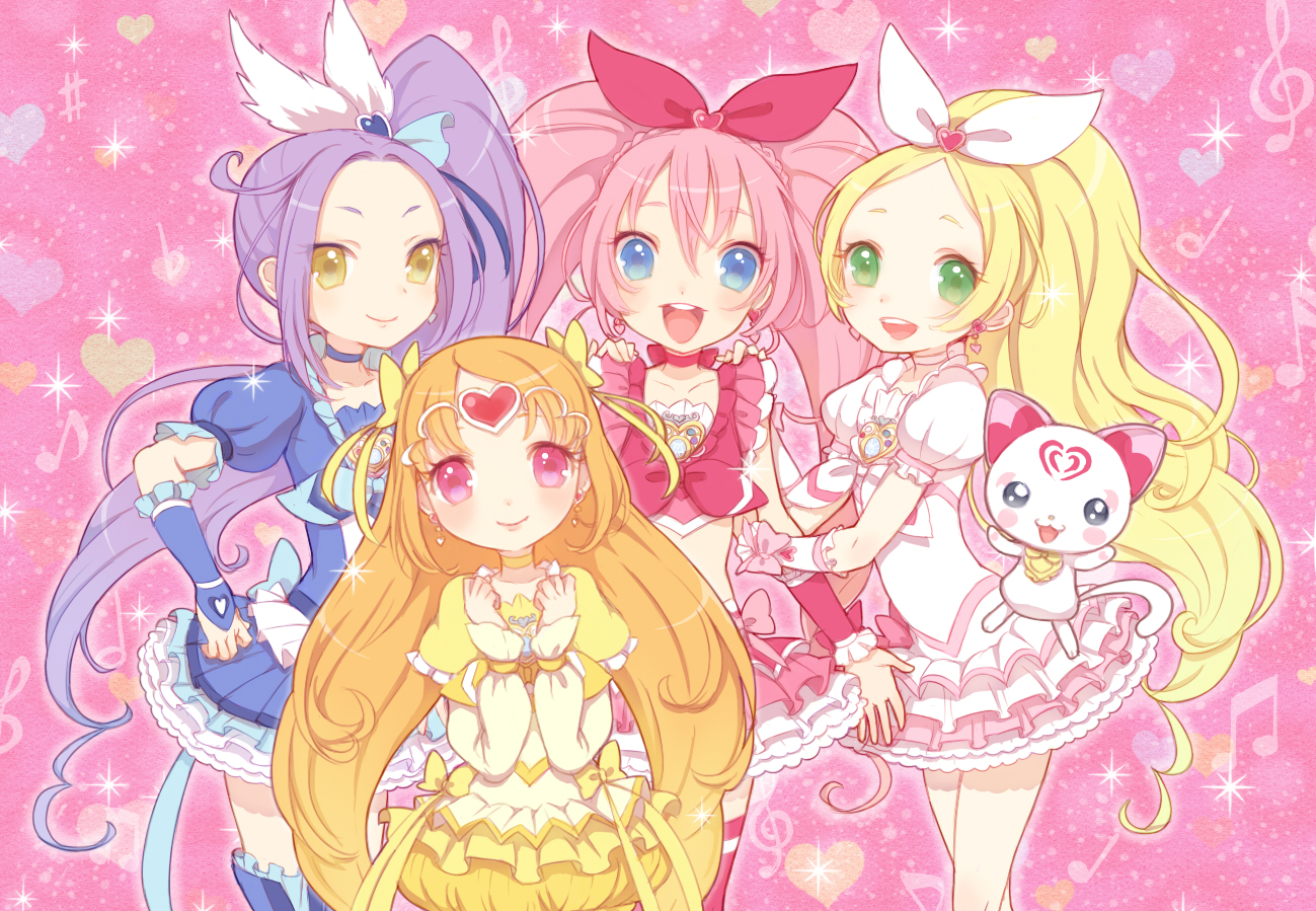 animal, bow, cat, dress, houjou_hibiki, inase, kurokawa_ellen, long_hair, minamino_kanade, precure, shirabe_ako, suite_precure, tagme