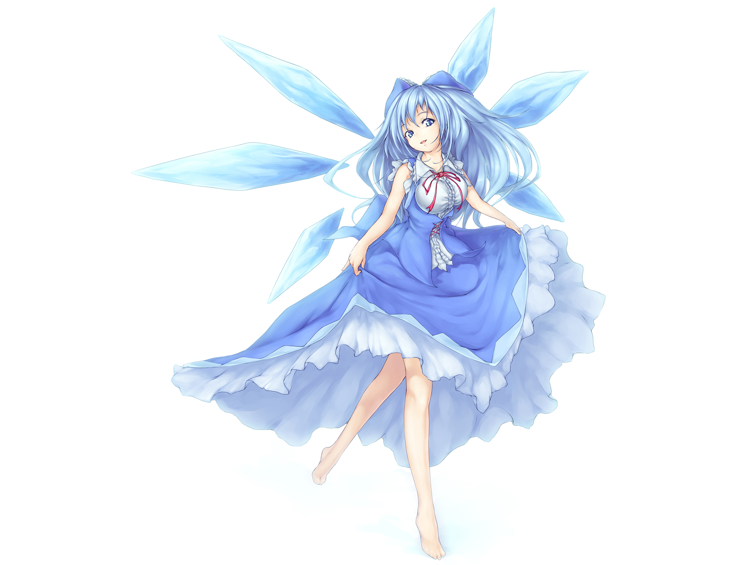 barefoot, blue_eyes, blue_hair, bow, cirno, die_blonde_bestie, dress, fairy