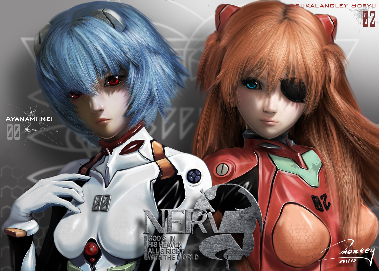 2girls, ayanami_rei, blue_hair, bodysuit, brown_hair, eyepatch, monkey_buonarroti, neon_genesis_evangelion, realistic, red_eyes, skintight, soryu_asuka_langley