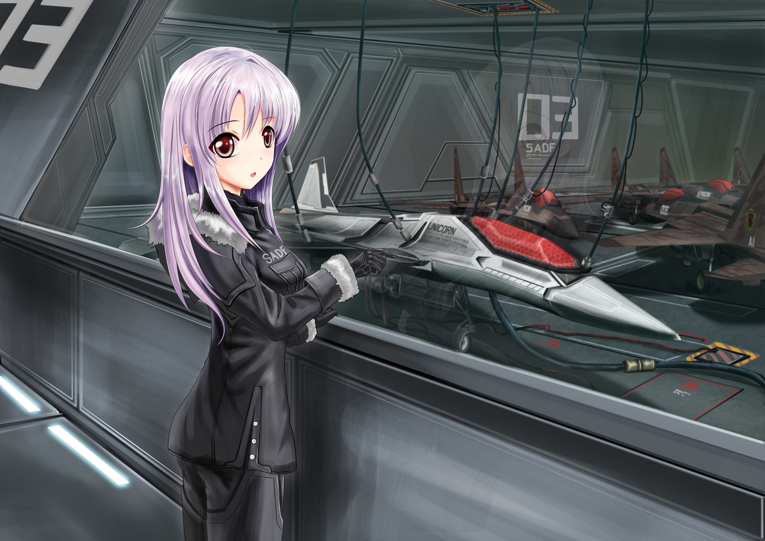 aircraft, combat_vehicle, gloves, lita_(keyboard000), long_hair, military, original, purple_hair, red_eyes, uniform